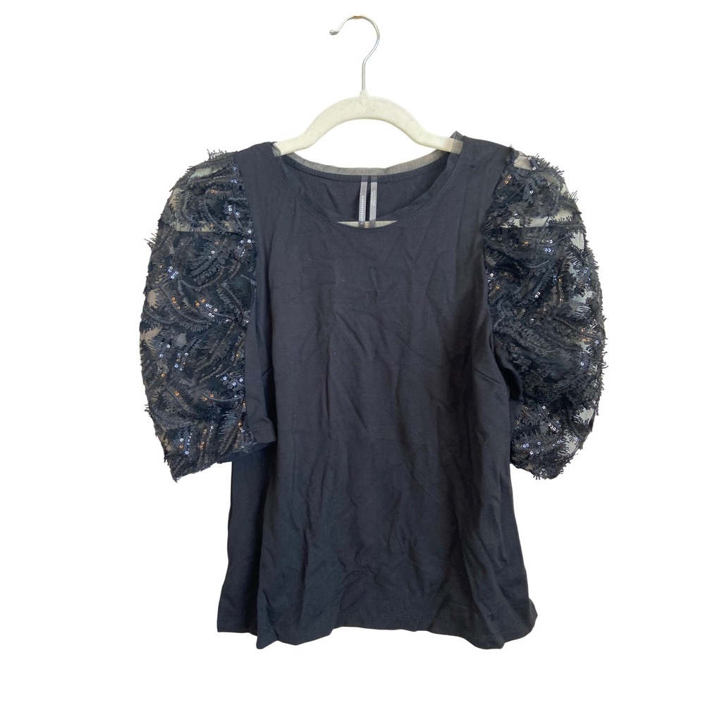 Anthropologie Black Sequin Puff Sleeve Mesh Knit Top XS Crew Neck Mixed Media